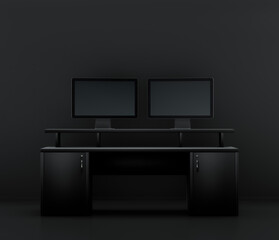 Music instriument, studio desk workstation in a dark studio, 3d rendering