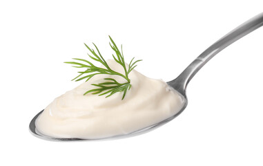 Delicious sour cream with dill in spoon on white background