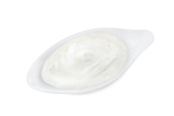 Delicious sour cream in gravy boat on white background, top view