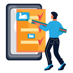 Man fill out online feedback, checklist or application form, giving rate to company services. Feedback and user experience, flat vector illustration isolated on white.