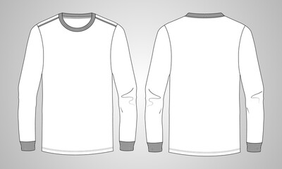 Slim fit long sleeve T-shirt technical Sketch fashion Flat Template With Round neckline. Vector illustration basic apparel design front and Back view. Easy edit and customizable.