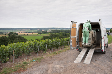 man in protective clothing finished spraying vines in champagne vineyard south of reims in france
