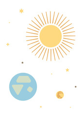Space poster. Sun, earth, moon with stars in cosmos. Flat abstract style. White background. Wallpaper