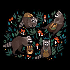 Isolated raccons wearing backpacks among the leaves and mushrooms in the forest on black background 