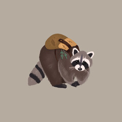 Racoon standing carrying backpack Isolated