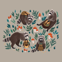 Isolated raccons wearing backpacks among the leaves and mushrooms in the forest on grey  background 