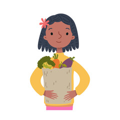 Black-skinned cartoon woman holding a paper shopping bag - vegetables and fruits for cooking. Vegetarian girl portrait to the waist. Avatar black female isolate on white background.
