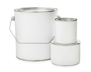 Set of different paint cans on white background. Mockup for design