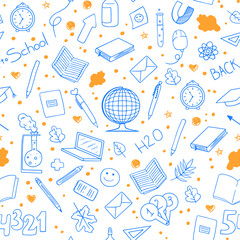 Back to school. Vector seamless background. A pattern of hand-drawn illustrations in the doodle style. Blue and yellow color