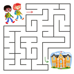 A schoolgirl with a backpack and a black boy walk to the yellow school building through the Labyrinth. Square maze. A maze for a child s problem. The development of preschoolers. Vector illustration