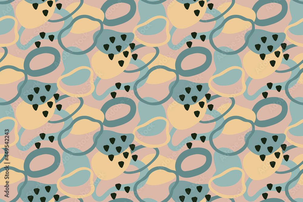 Poster seamless pattern vector background with blue, yellow pastel random organic shape blobs and rings and