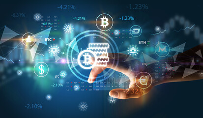 Fototapeta premium Business person hand pushing currency symbol on multimedia touch screen