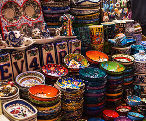Collection of turkish ceramics on sale at the Grand Bazaar in Istanbul, Turkey. Turkish colorful...