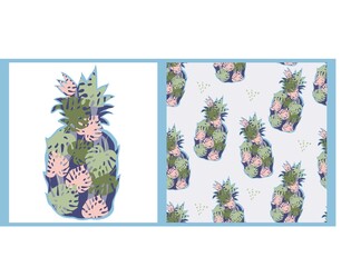 Set of pineapple shape with tropical leaves and matching seamless pattern, flat vector illustration. Decorative kit for textile print or identity materials design.