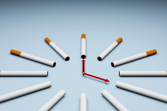 A clock made of cigarettes, time to give up smoking concept. 3D Illustration