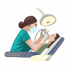 Dental treatment. Vector illustration. The dentist treats the girl's teeth. Dental office. The patient is in the chair.
