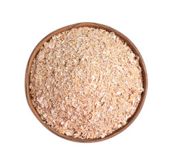 Wheat bran in bowl on white background, top view