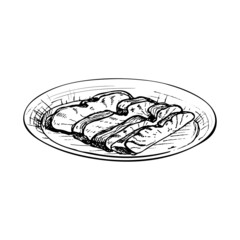 Char siu on plate. Vintage vector hatching hand drawn illustration isolated