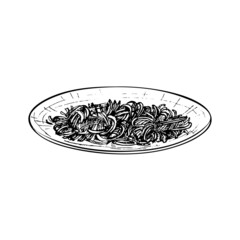 Chow mein on plate. Vintage vector hatching hand drawn illustration isolated