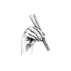 Female hand holding a chopsticks. Vintage vector hatching