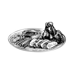 Peking duck with sauce on plate. Vintage vector hatching hand drawn illustration isolated