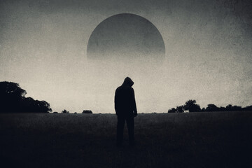 A moody horror, science fiction concept, of a figure standing in a field with a black sun in the...