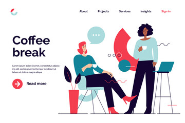 Business concept flat style outline vector illustration on the subject of coffee break and communication. Editable stroke