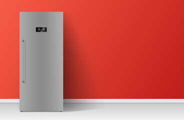 Realistic steel kitchen refrigerator at red background vector household appliance cooling products