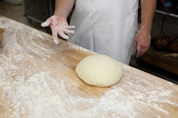 Baker kneading dough on wooden table