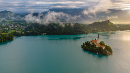 Aerial view of Lake Bled and the church in Slovenia.