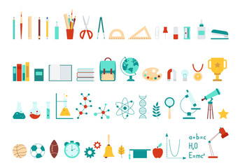 Set of school icons, supplies, tools, stationery. Ruler, globe, pen, pencil, books. Collection of flat design elements chemistry, biology, astronomy. Isolated on white background vector illustration