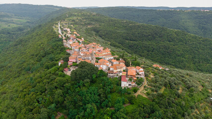 Fototapeta na wymiar Typical old Istrian village Padna on a hill in summer, Slovenia
