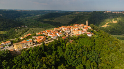 Typical old Istrian village Padna on a hill in summer, Slovenia