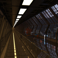 Obraz premium 3D-illustration of a futuristic empty hallway room in a science fiction starship