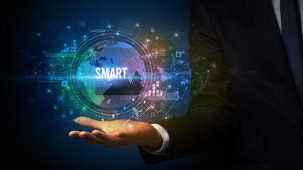 Elegant hand holding technology-related inscription