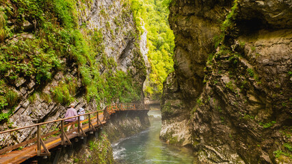 Vintgar gorge, Slovenia. River near the Bled lake with wooden tourist paths, bridges above river and waterfalls. Hiking in the Triglav national park. Fresh nature, blue water in the forest.