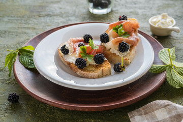 Snack, open sandwich with prosciutto, cream cheese and fresh blackberries on a white plate on a green concrete background. Sandwich recipes.