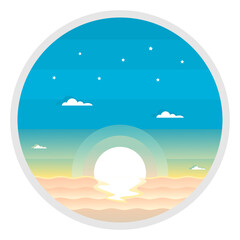Seascape sunset with wave sea in evening twilight sky pastel color tone on circle flat vector icon. 