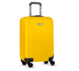 Bag travel. Yellow travel plastic suitcase or vacation baggage bag collection isolated on white background. Copy space of summer vacation and business travel concept.