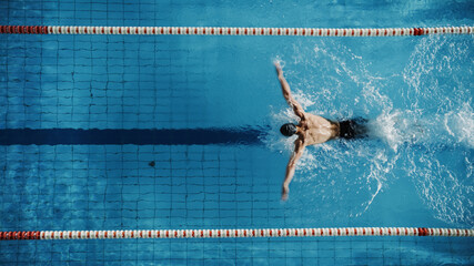 Fototapeta Aerial Top View Male Swimmer Swimming in Swimming Pool. Professional Determined Athlete Training for the Championship, using Butterfly Technique. Top View Shot obraz