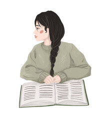 Back to school, study. Girl with a book. Hand drawn illustration on white isolated background  - 449549624