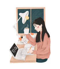 Back to school, study. Girl doing homework at her desk. Hand drawn illustration on white isolated background  - 449549635