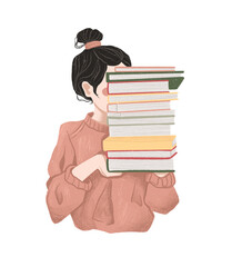 Back to school, study. Girl with a stack of books. Hand drawn illustration on white isolated background 