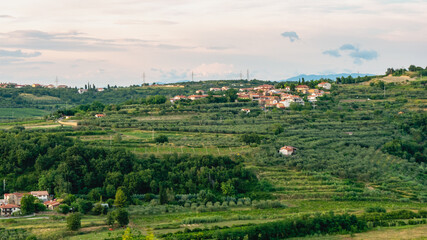 Fototapeta na wymiar Mountain countryside, olive groves in Istria. Beautiful view of the picturesque village.