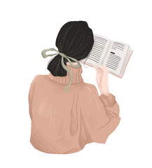 Back to school, study. Girl with a book. Hand drawn illustration on white isolated background  - 449549675