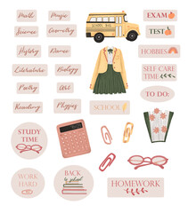 Study collection. Books, diary, planner, notes, school bus, stationery. Hand drawn illustrations on white isolated background, study stickers - 449549689