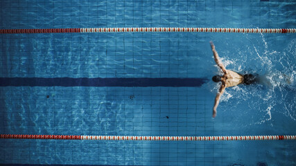 Aerial Top View Male Swimmer Swimming in Swimming Pool. Professional Determined Athlete Training for the Championship, using Butterfly Technique. Top View Shot - obrazy, fototapety, plakaty