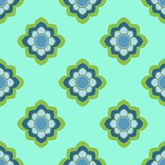 Symmetrical Floral Vector Seamless Repeat Design In Blue And Green