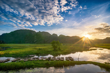 Dawn on Van Long Wetland Nature Reserve in Ninh Binh province, Vietnam
