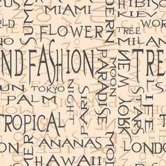 Trendy fashion print trend names text seamless pattern